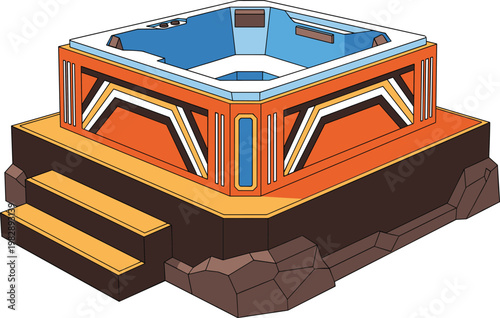 Hot Tub Vector Illustration with Geometric Exterior, Steps, Rock Base, and Relaxation Spa Design for Outdoor, Wellness, and Luxury Lifestyle Projects