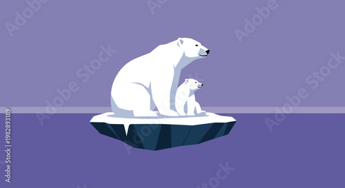 Polar bears adrift on melting ice floe in a symbolic representation of climate change impacts