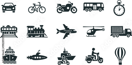 A collection of simple, monochromatic icons representing various modes of transport, including land, air, and sea vehicles. Stopwatch, too. Ideal for design elements or UI/UX applications