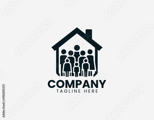 A diverse group of family members is protected inside a simple house symbol in a clean minimalist black vector style.