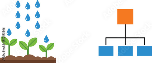 Growth and Organizational Icon Set Featuring Plants, Watering, and Hierarchical Structure Designs