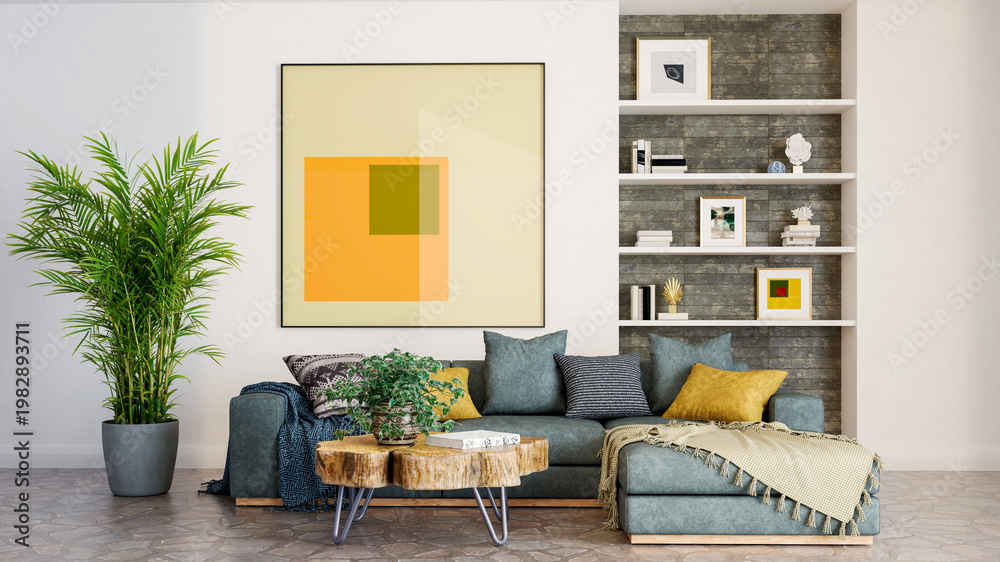Naklejka premium 3D render, illustration Luxury modern living room interior, realistic lighting, wide angle, contemporary furniture, clean lines, minimalist decor, elegant home design, large window