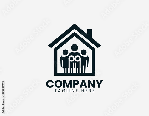A diverse group of family members is protected inside a simple house symbol in a clean minimalist black vector style.