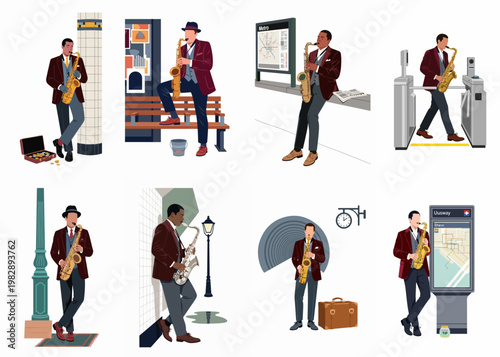 Vector illustration collection of a stylish male musician playing the saxophone in various urban metro station settings like platforms, turnstiles, and benches.