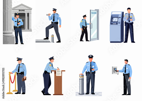 Security Guard Vector Illustrations Collection Featuring Bank Protection, Patrol Duties, ATM Monitoring, Visitor Sign-in, and Access Control Procedures.
