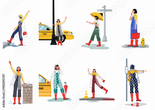 Vector illustrations of women in transparent raincoats and red boots walking, hailing taxis, and navigating city streets on a rainy day.