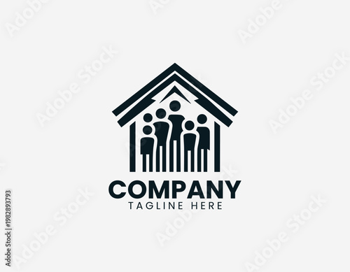 A diverse group of family members is protected inside a simple house symbol in a clean minimalist black vector style.