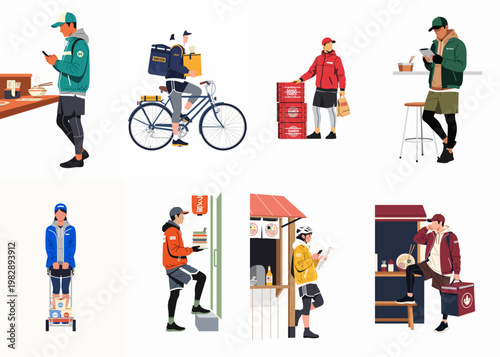 Flat vector illustration collection of various food delivery couriers delivering ramen and noodles in diverse urban scenarios.