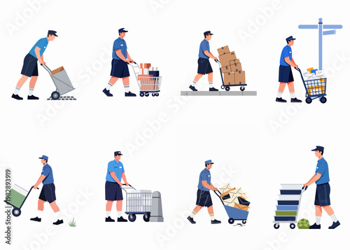 Collection of Delivery Man Illustrations Carrying Packages and Mail with Carts