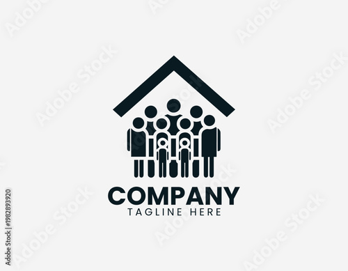 A diverse group of family members is protected inside a simple house symbol in a clean minimalist black vector style.