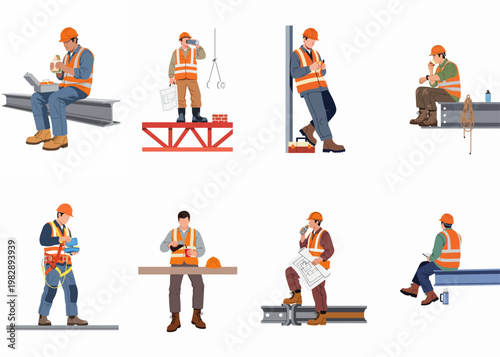 Set of construction workers in safety gear taking lunch breaks and drinking coffee while working on a building site, flat vector illustration.
