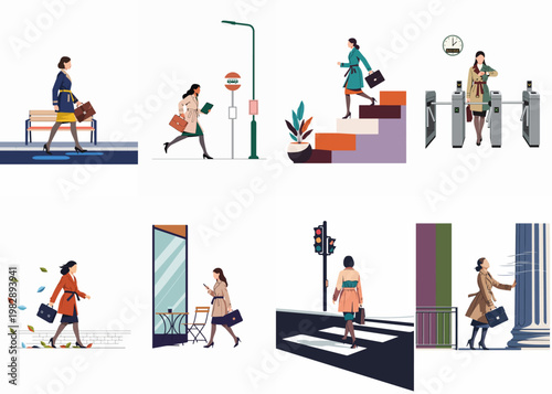 Set of flat illustrations depicting a professional woman's daily city commute to the office in various weather and transit scenarios.