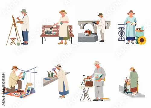 A collection of illustrations featuring active senior citizens enjoying outdoor artistic hobbies like painting landscapes and sketching in various public settings.