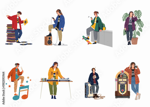 Collection of diverse young people enjoying music and vintage technology, featuring vinyl records, DJ decks, jukeboxes, and headphones in a modern illustration style.