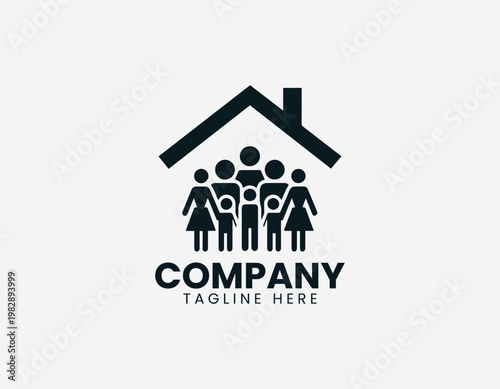 A diverse group of family members is protected inside a simple house symbol in a clean minimalist black vector style.