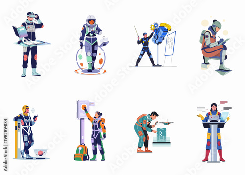 Set of flat illustrations showing astronauts and scientists in futuristic space exploration and high-tech research activities on a white background.