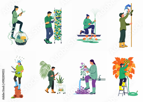 Collection of professional gardeners using modern technology and tools for specialized plant care, including vertical gardens, terrariums, and diverse botanical maintenance tasks.