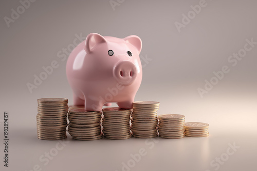 A 3D-rendered pink piggy bank sits atop a stack of gold coins, symbolizing savings and financial growth.