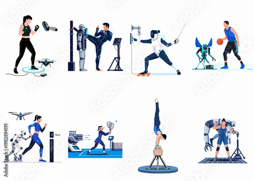 Futuristic sports training concepts featuring athletes practicing with advanced robotics, AI technology, and drones for improved performance.