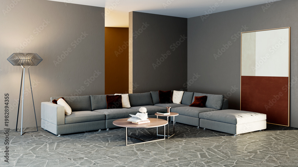 Obraz premium 3D render, illustration Luxury modern living room interior, realistic lighting, wide angle, contemporary furniture, clean lines, minimalist decor, elegant home design, large window