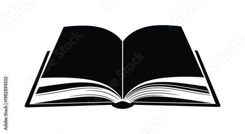 An open book with detailed pages rendered as a stark black silhouette