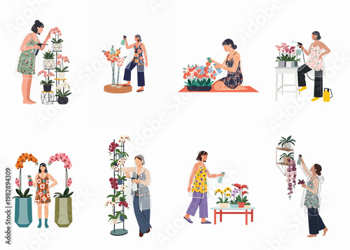 Set of Flat Vector Illustrations Showing Women in Raincoats Misting and Caring for Various Potted Orchids at Home or in a Greenhouse.