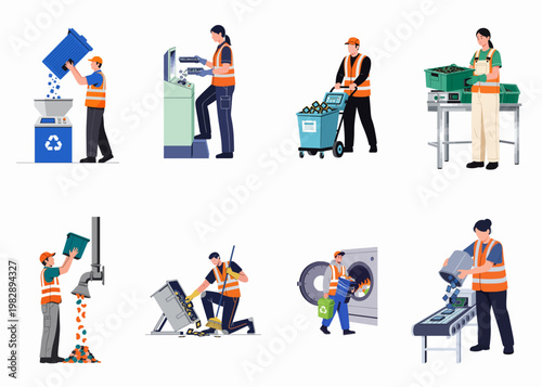 A set of illustrations showing diverse workers performing various tasks in an electronic waste recycling and processing facility.