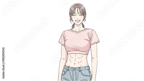 Illustration of young woman wearing pink shirt and jeans on transparent background PNG