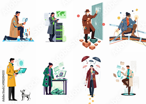 Collection of flat vector illustrations depicting futuristic detectives, digital forensic experts, and high-tech investigators analyzing data and crime scenes in various modern settings.