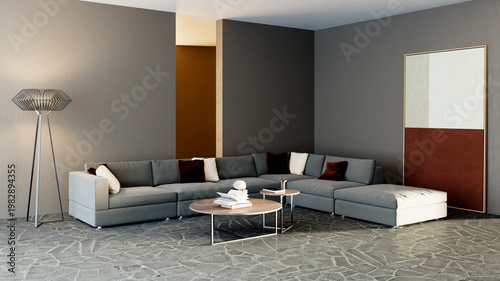 3D render, illustration Luxury modern living room interior,  realistic lighting, wide angle, contemporary furniture, clean lines, minimalist decor, elegant home design, large window