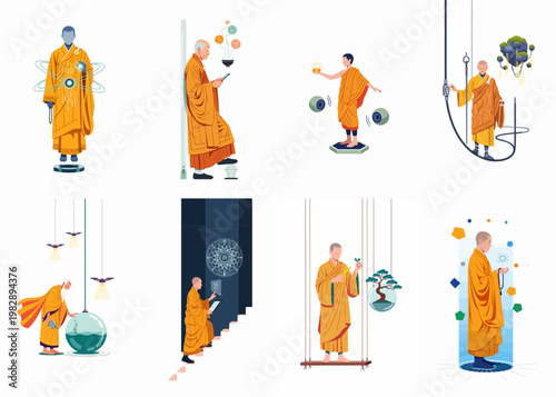 Conceptual illustrations blending traditional Buddhist monks with futuristic technology, sci-fi elements, and modern digital spirituality in a clean flat art style.