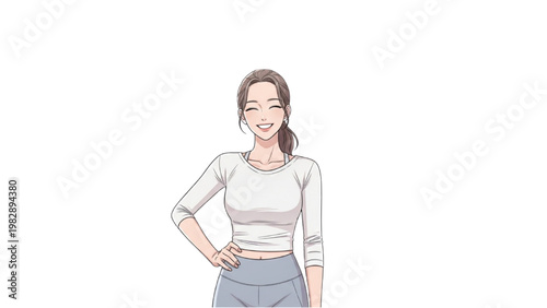 Woman wearing white shirt and jeans poses with hand on hip