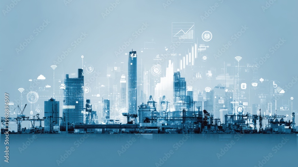 Obraz premium Blue Futuristic Cityscape With Digital Interface Overlay And Financial Growth Charts At Night