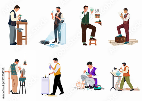 Collection of professional jewelers and gemologists illustrations showing various processes of working with diamonds and precious stones using traditional tools.