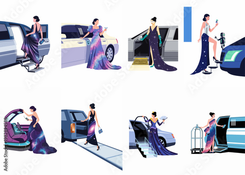 Collection of elegant women in galaxy-themed evening gowns arriving at gala events in luxury limousines and futuristic vehicles.