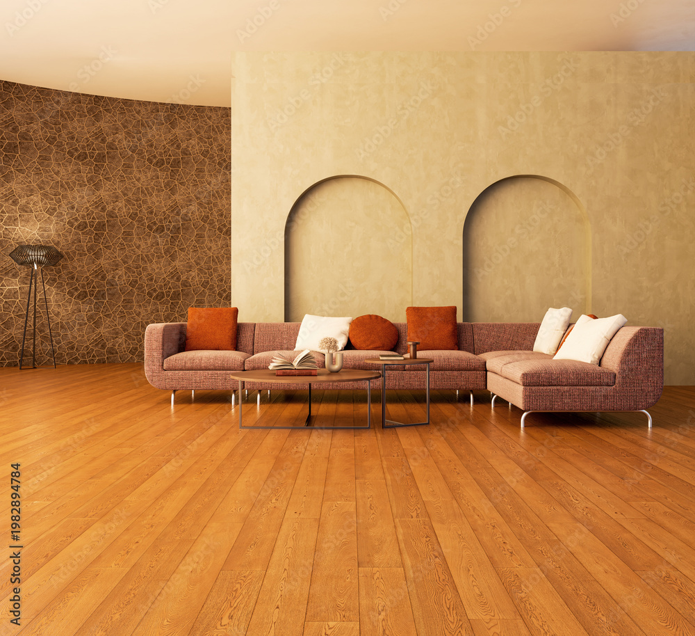 Obraz premium 3D render, illustration Luxury modern living room interior, realistic lighting, wide angle, contemporary furniture, clean lines, minimalist decor, elegant home design, large window
