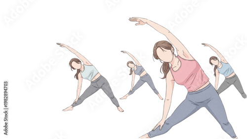Women practicing yoga poses in a serene outdoor setting on transparent background PNG