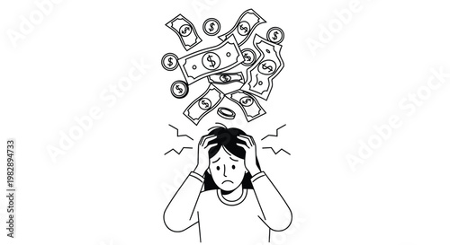 Overwhelmed woman with financial worries a black and white illustration