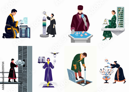 Conceptual collection of illustrations depicting people in elegant robes interacting with futuristic technology, servers, crystals, and digital data management systems.