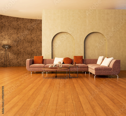 3D render, illustration Luxury modern living room interior,  realistic lighting, wide angle, contemporary furniture, clean lines, minimalist decor, elegant home design, large window