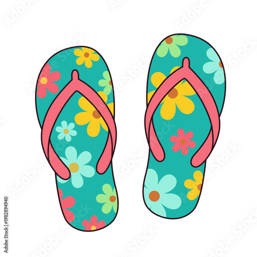 Vector illustration of colorful flip-flops with floral pattern isolated on white. Summer beach footwear icon. Bright tropical design for vacation, travel, and seasonal leisure concepts.