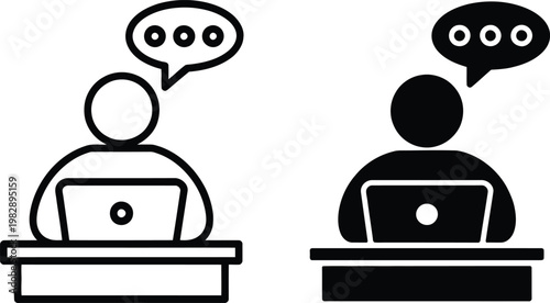  Two individuals engaged in virtual communication using laptops and speech bubbles