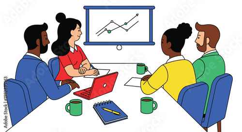 Diverse team collaborating around a conference table reviewing a presentation