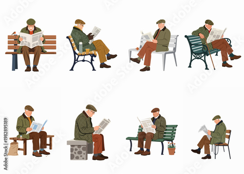 Collection of flat vector illustrations featuring elderly men in classic attire sitting on various park benches and reading newspapers isolated on white background.