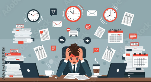 Overwhelmed and stressed a person buried under a pile of work and time constraints