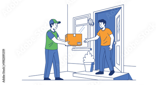 Delivery person handing package to customer at doorstep modern illustration