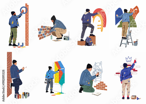 Flat vector illustrations of diverse urban artists creating vibrant graffiti murals on brick walls using spray cans, rollers, and stencils.