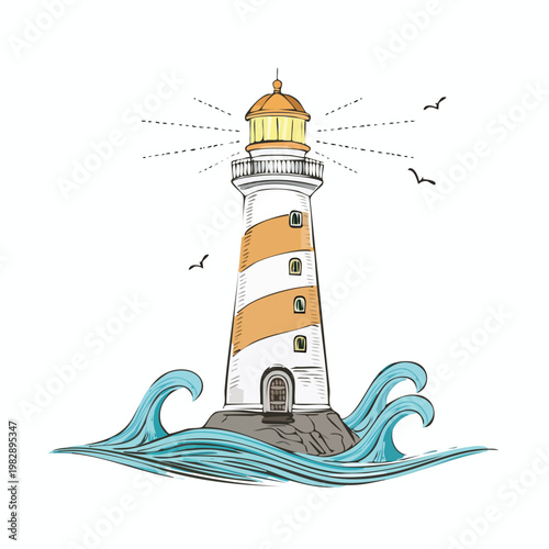 Illustrated lighthouse with waves and birds isolated on white background