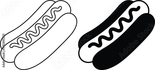 Two hot dogs depicted in contrasting black and white bun styles with wavy lines inside