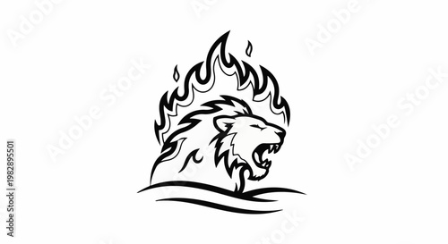 Fierce lion head with fiery mane and tribal waves below